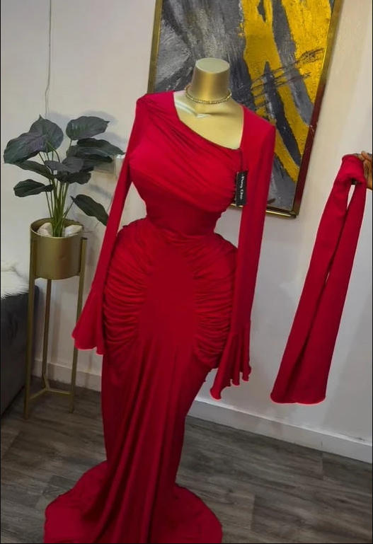 Elegant Asymmetric Neckline Ruched Long Evening Dress