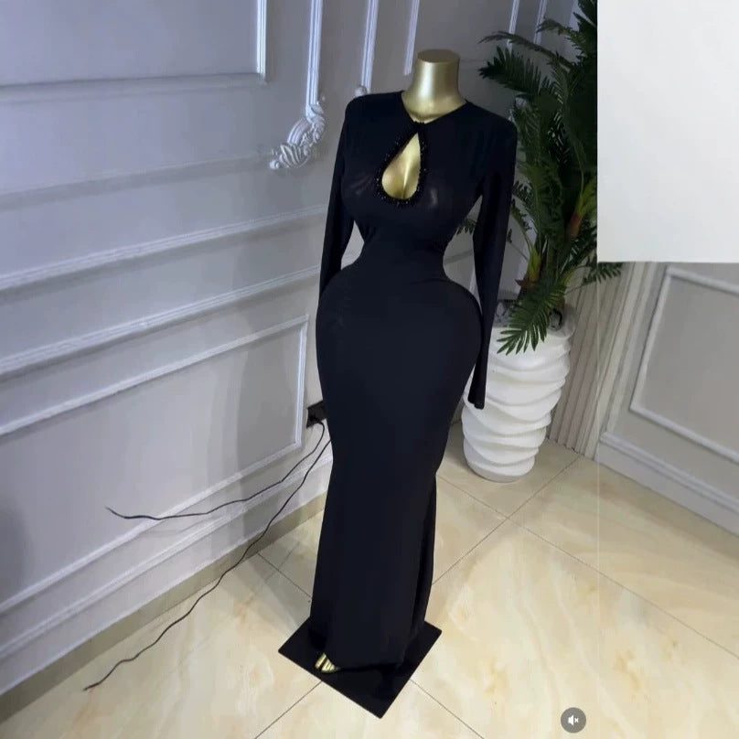 Long Sleeve Hollow Out Slim Fit Black Maxi Dress