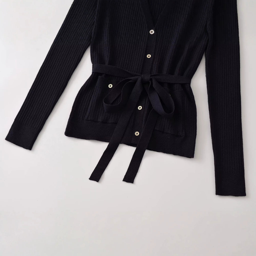 Single breasted ribbed knit sweater jacket with belt for women