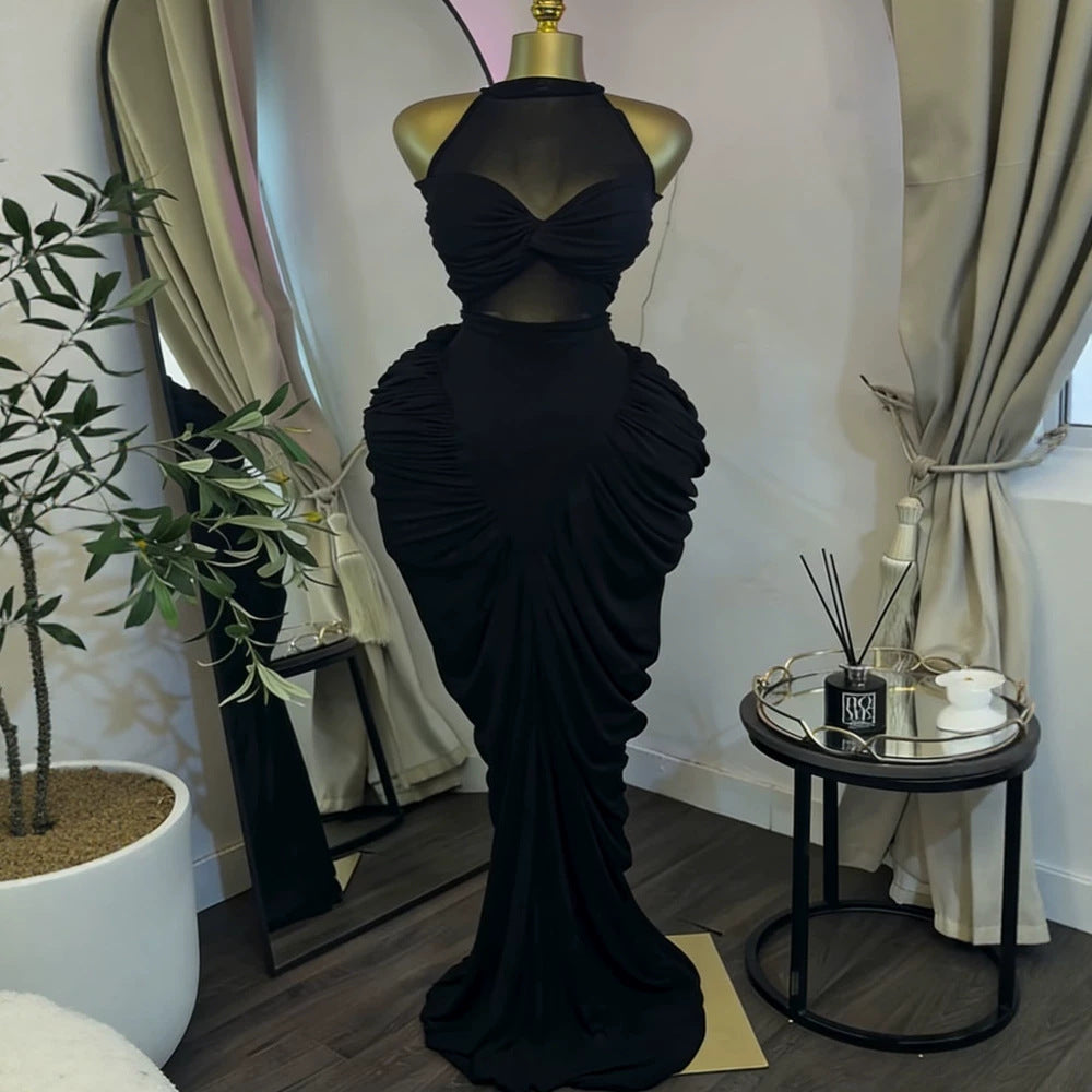Elegant Sexy Sleeveless Ruched Mesh Round Neck Bodycon Dress