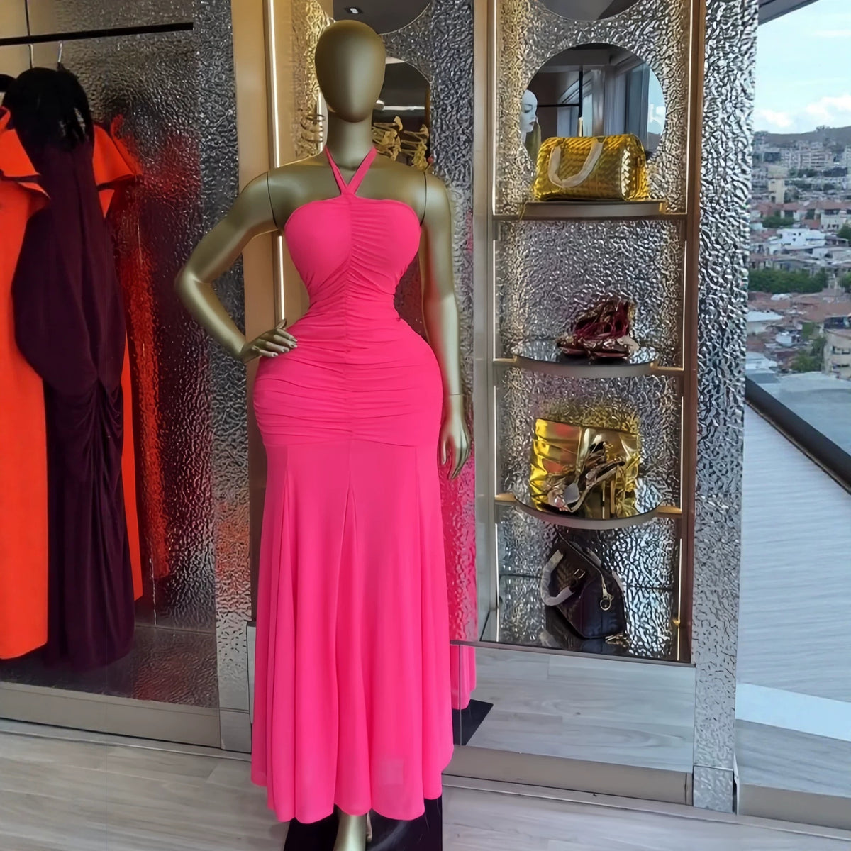 Backless mesh strapless pleated long skirt