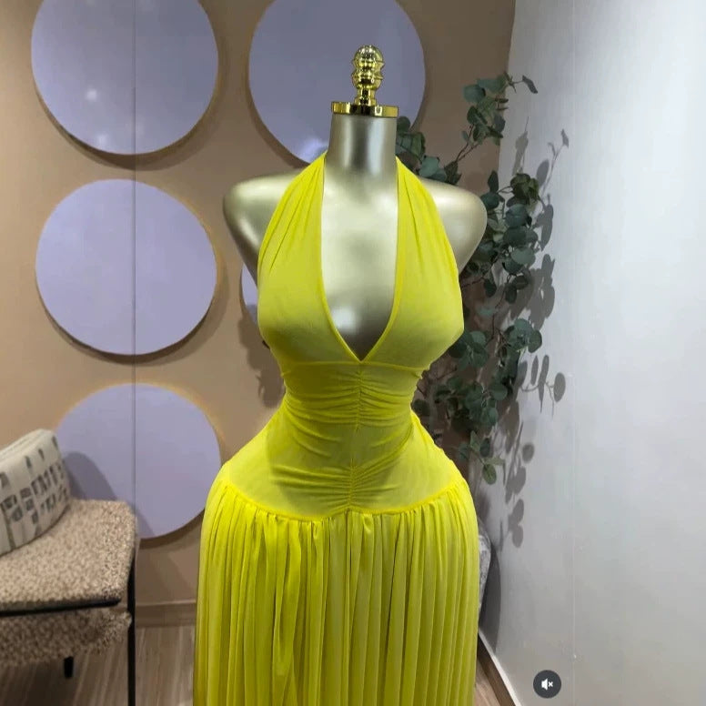 Sleeveless Pleated Mesh Long Formal Dress