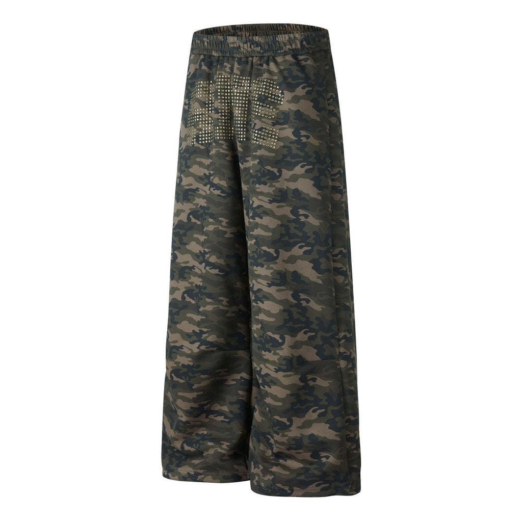 Women's Camo Wide-Leg Sweatpants with Rhinestone Lettering, Elastic Waist Loose Drape Straight Leg Sports Pants