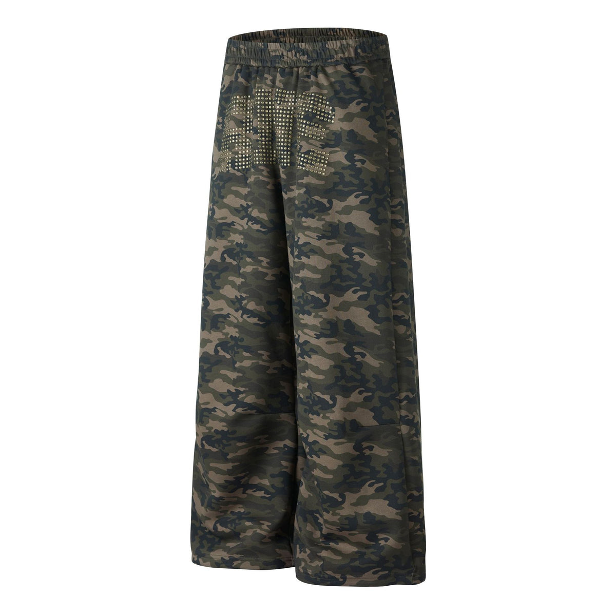 Women's Camo Wide-Leg Sweatpants with Rhinestone Lettering, Elastic Waist Loose Drape Straight Leg Sports Pants