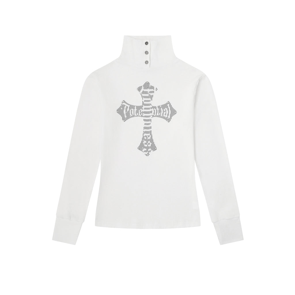 Women's Rhinestone Cross Long Sleeve Mock Neck Button Front Slim Fit T-Shirt