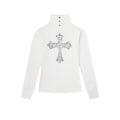 Women's Rhinestone Cross Long Sleeve Mock Neck Button Front Slim Fit T-Shirt