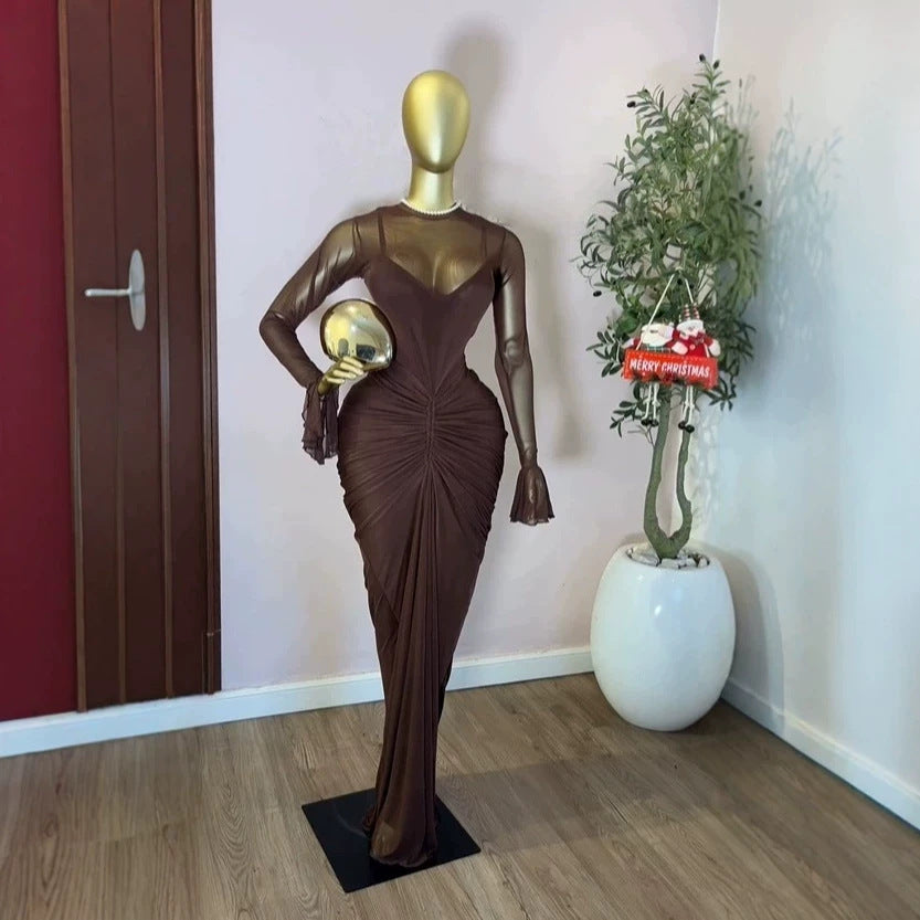 Women's Long Sleeve Splicing Mesh Ruched Maxi Dress