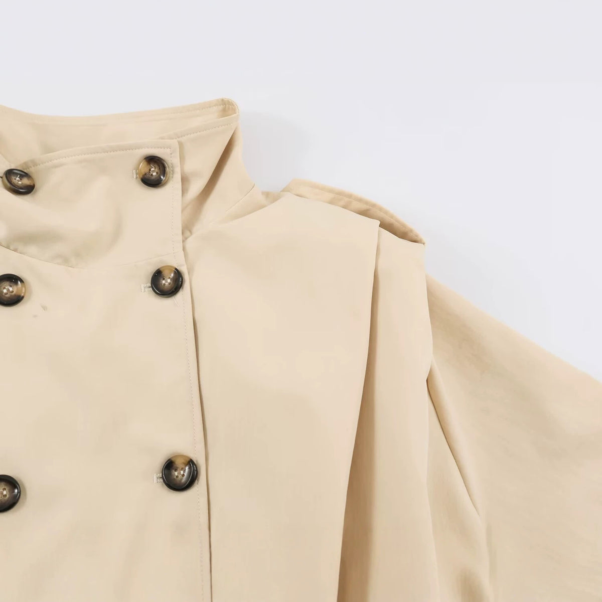 Casual loose double breasted stand up collar pleated trench coat for women