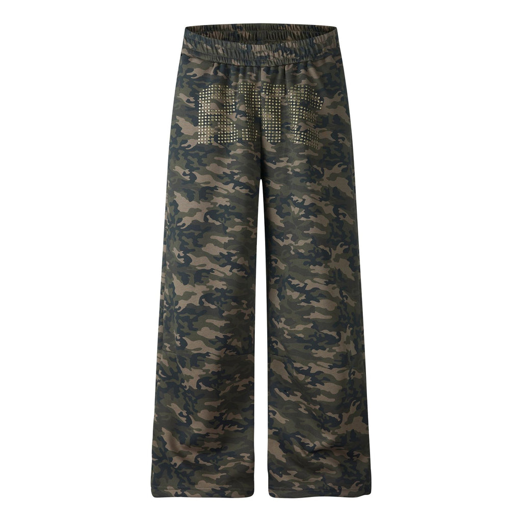 Women's Camo Wide-Leg Sweatpants with Rhinestone Lettering, Elastic Waist Loose Drape Straight Leg Sports Pants