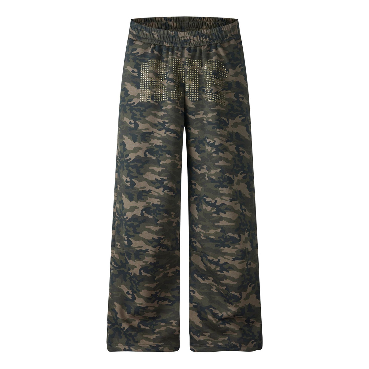 Women's Camo Wide-Leg Sweatpants with Rhinestone Lettering, Elastic Waist Loose Drape Straight Leg Sports Pants