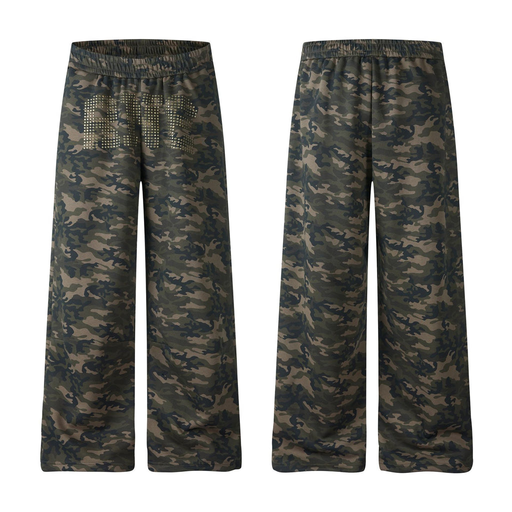 Women's Camo Wide-Leg Sweatpants with Rhinestone Lettering, Elastic Waist Loose Drape Straight Leg Sports Pants