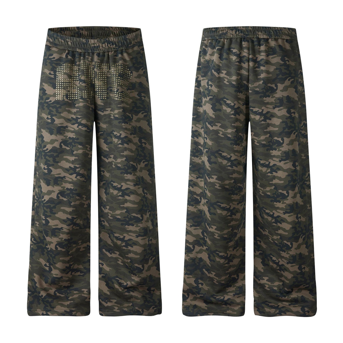 Women's Camo Wide-Leg Sweatpants with Rhinestone Lettering, Elastic Waist Loose Drape Straight Leg Sports Pants