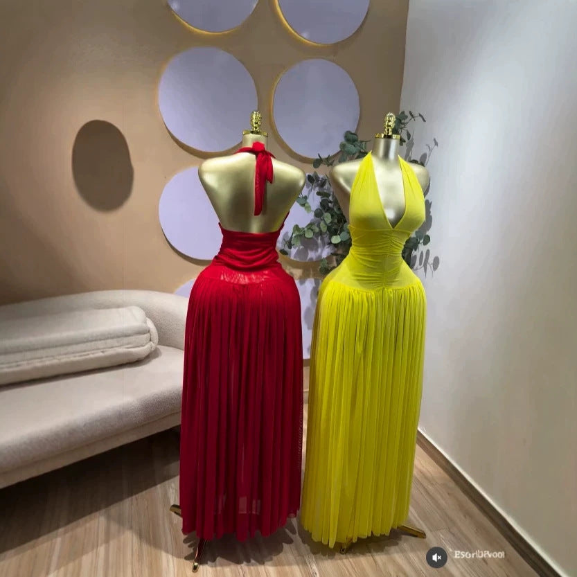 Sleeveless Pleated Mesh Long Formal Dress