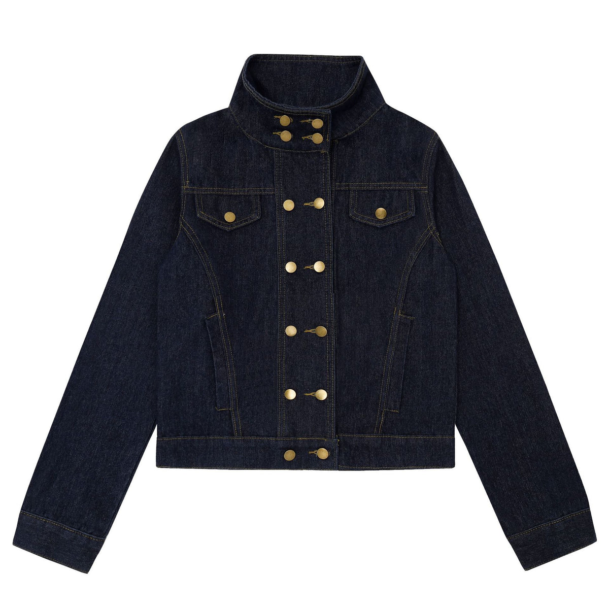 Women's Raw Indigo Denim Jacket Double-Breasted Stand Collar Detachable Leopard Print Fur Collar Petite Friendly
