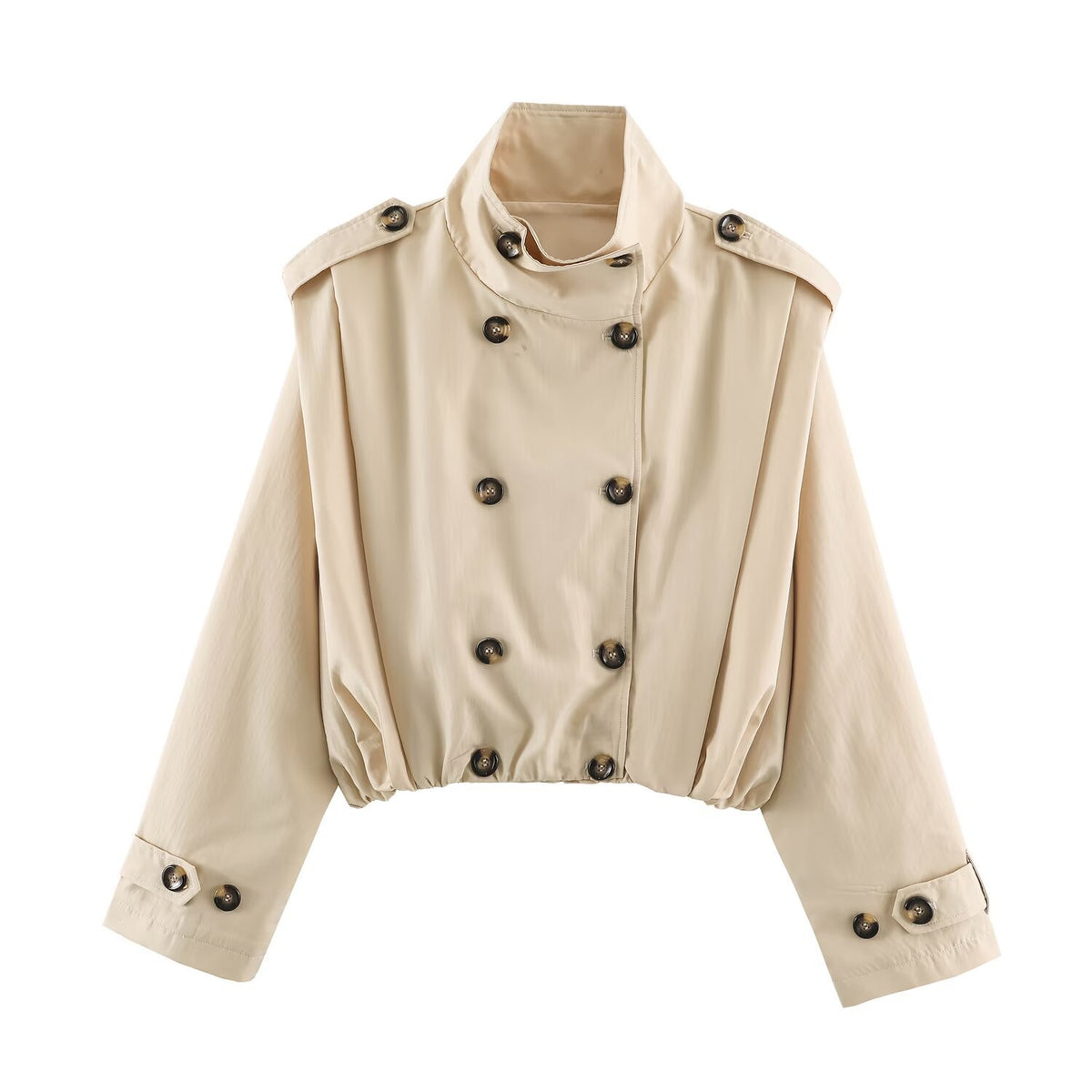Casual loose double breasted stand up collar pleated trench coat for women