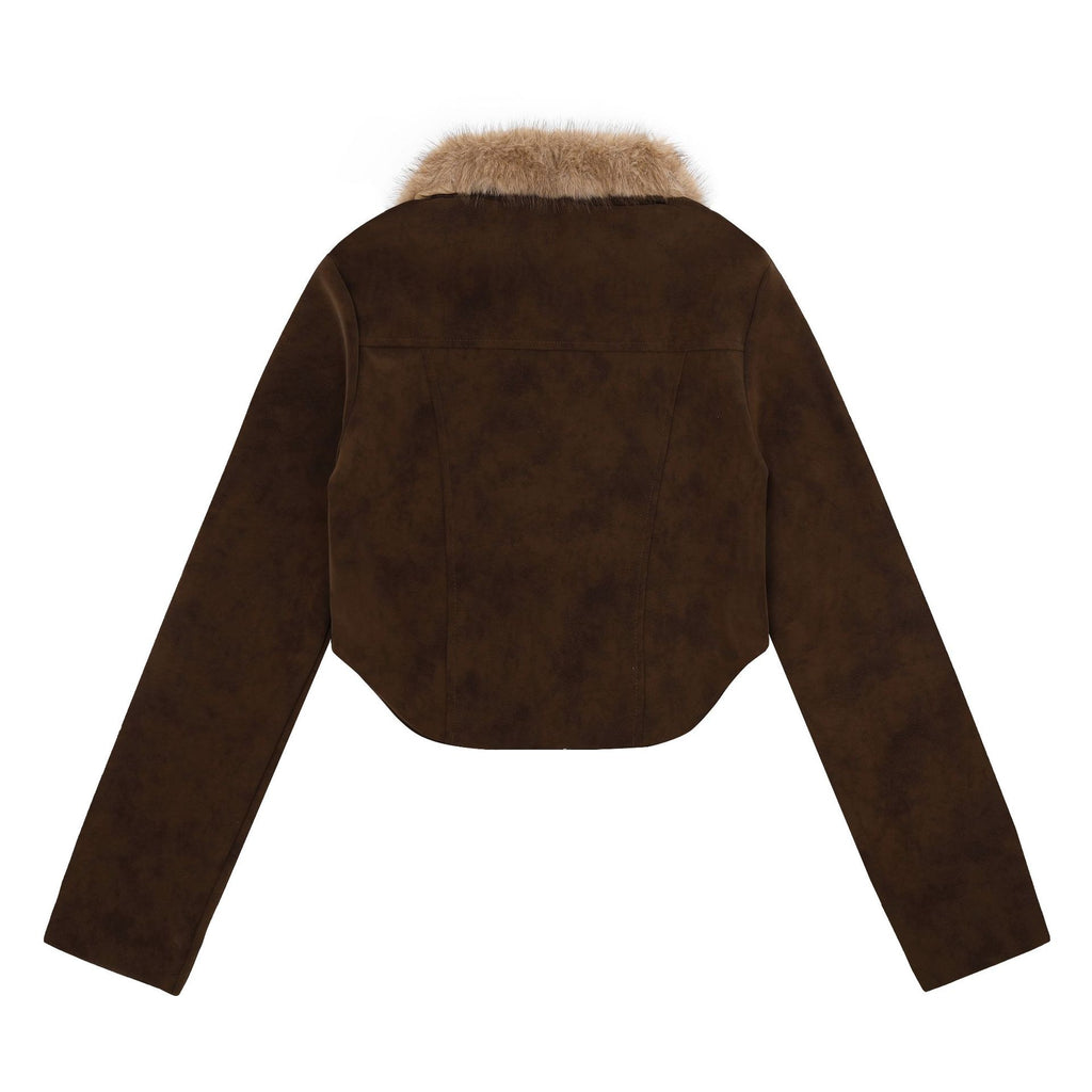Zippered Lapel with Detachable Fur Collar, Cropped Waist-Cinching Earth-Tone Motorcycle Coat