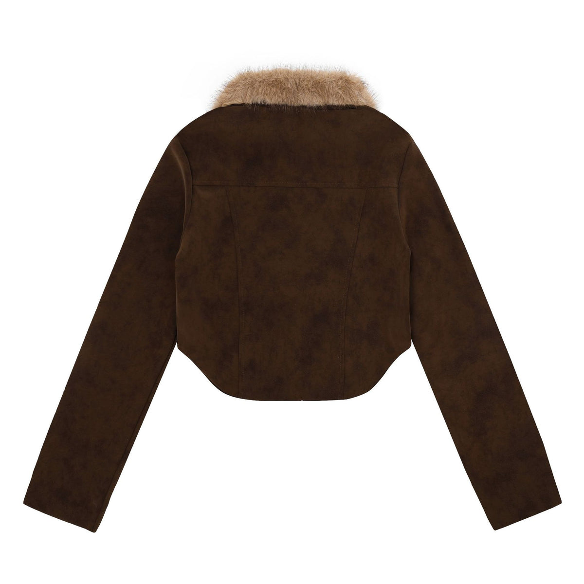 Zippered Lapel with Detachable Fur Collar, Cropped Waist-Cinching Earth-Tone Motorcycle Coat