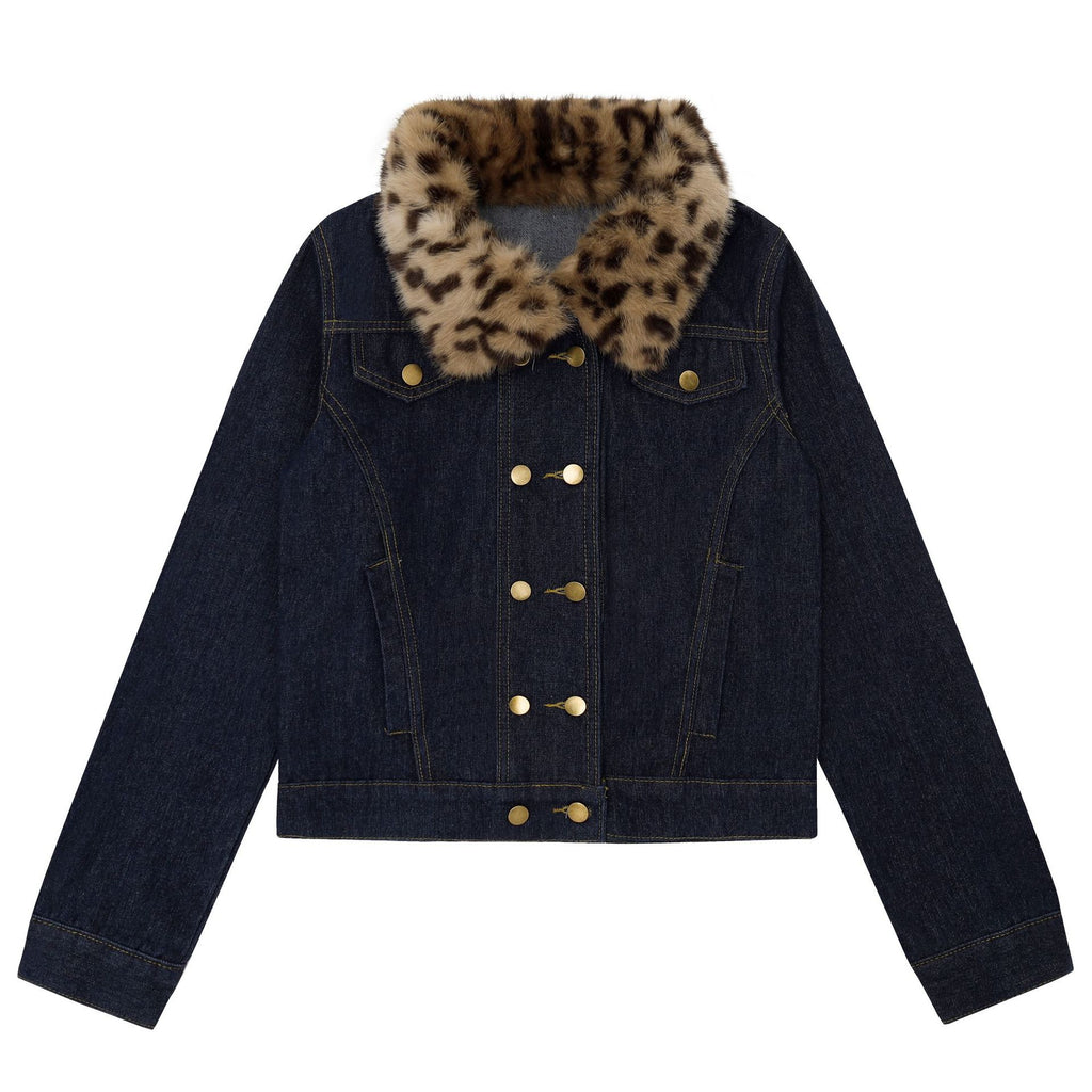 Women's Raw Indigo Denim Jacket Double-Breasted Stand Collar Detachable Leopard Print Fur Collar Petite Friendly