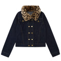 Women's Raw Indigo Denim Jacket Double-Breasted Stand Collar Detachable Leopard Print Fur Collar Petite Friendly