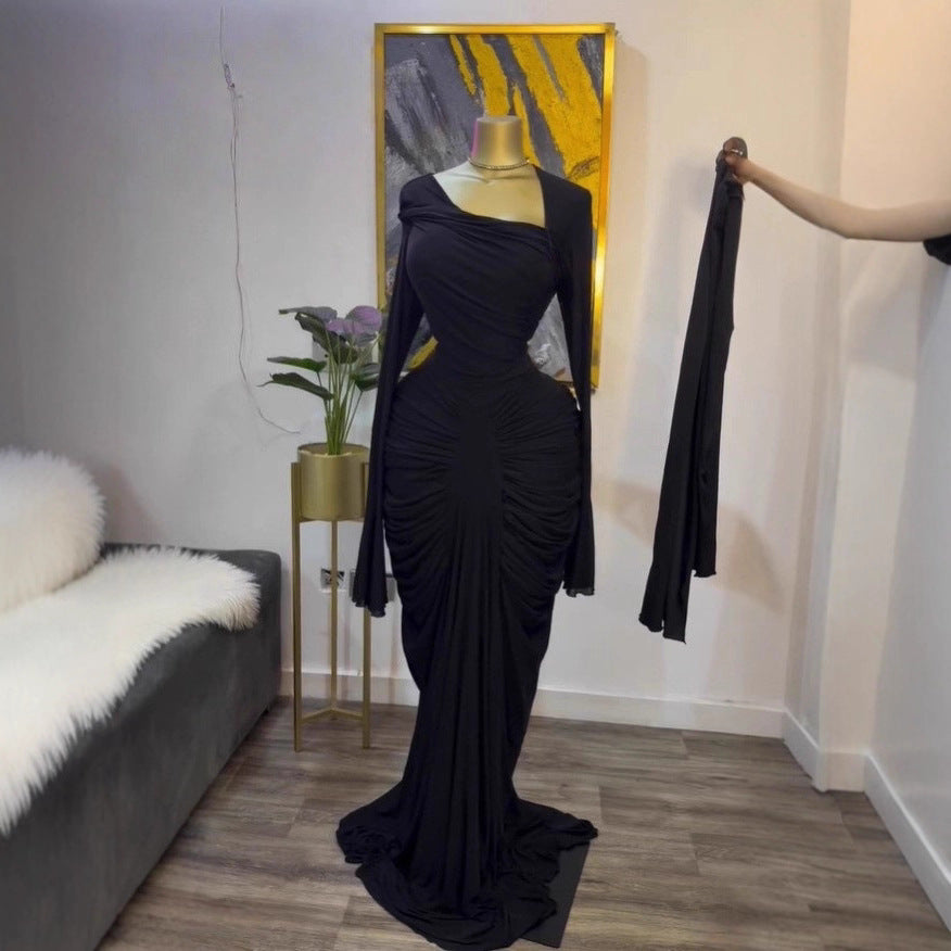 Elegant Asymmetric Neckline Ruched Long Evening Dress