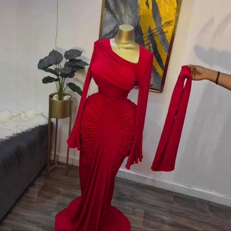 Elegant Asymmetric Neckline Ruched Long Evening Dress