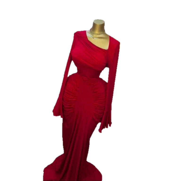 Elegant Asymmetric Neckline Ruched Long Evening Dress