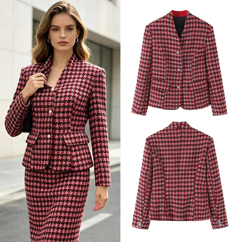 Casual pocket single breasted V-neck woolen suit jacket for women