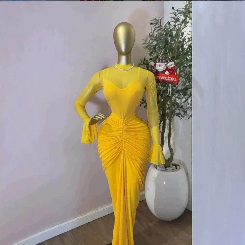 Women's Long Sleeve Splicing Mesh Ruched Maxi Dress