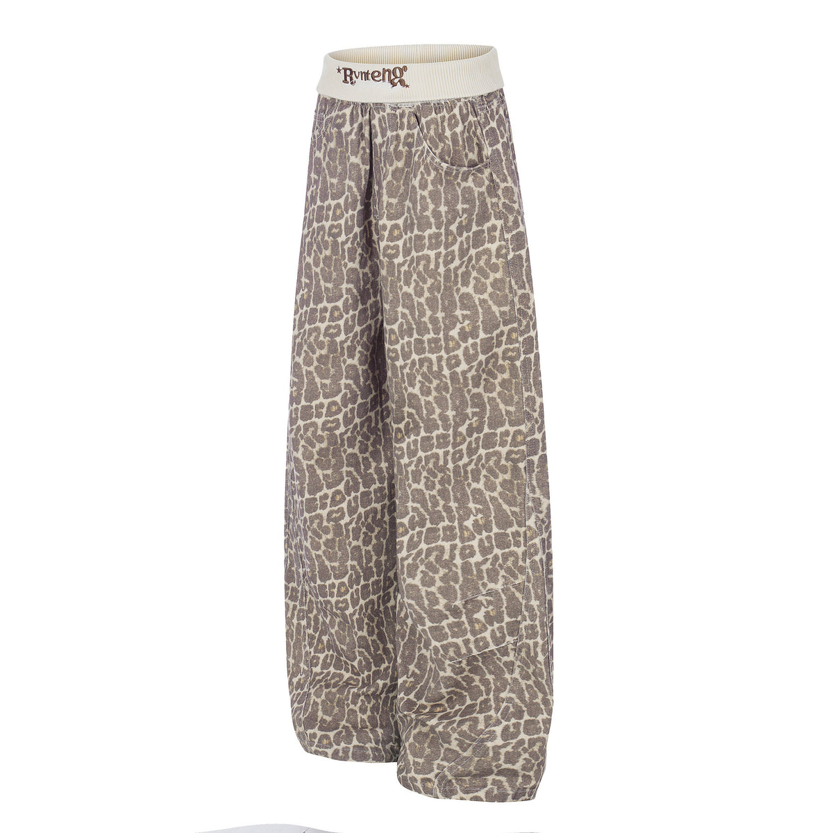 Leopard Print Sweatpants with Contrast Letter Embroidery Elastic Waist Loose Wide Leg Floor-Length Casual Pants