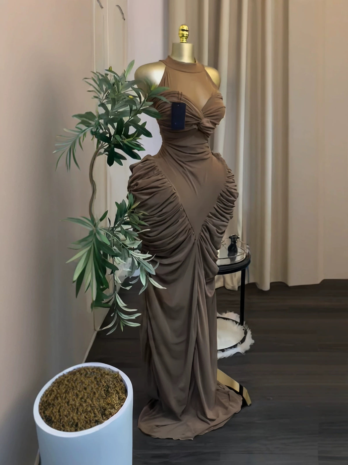 Elegant Sexy Sleeveless Ruched Mesh Round Neck Bodycon Dress