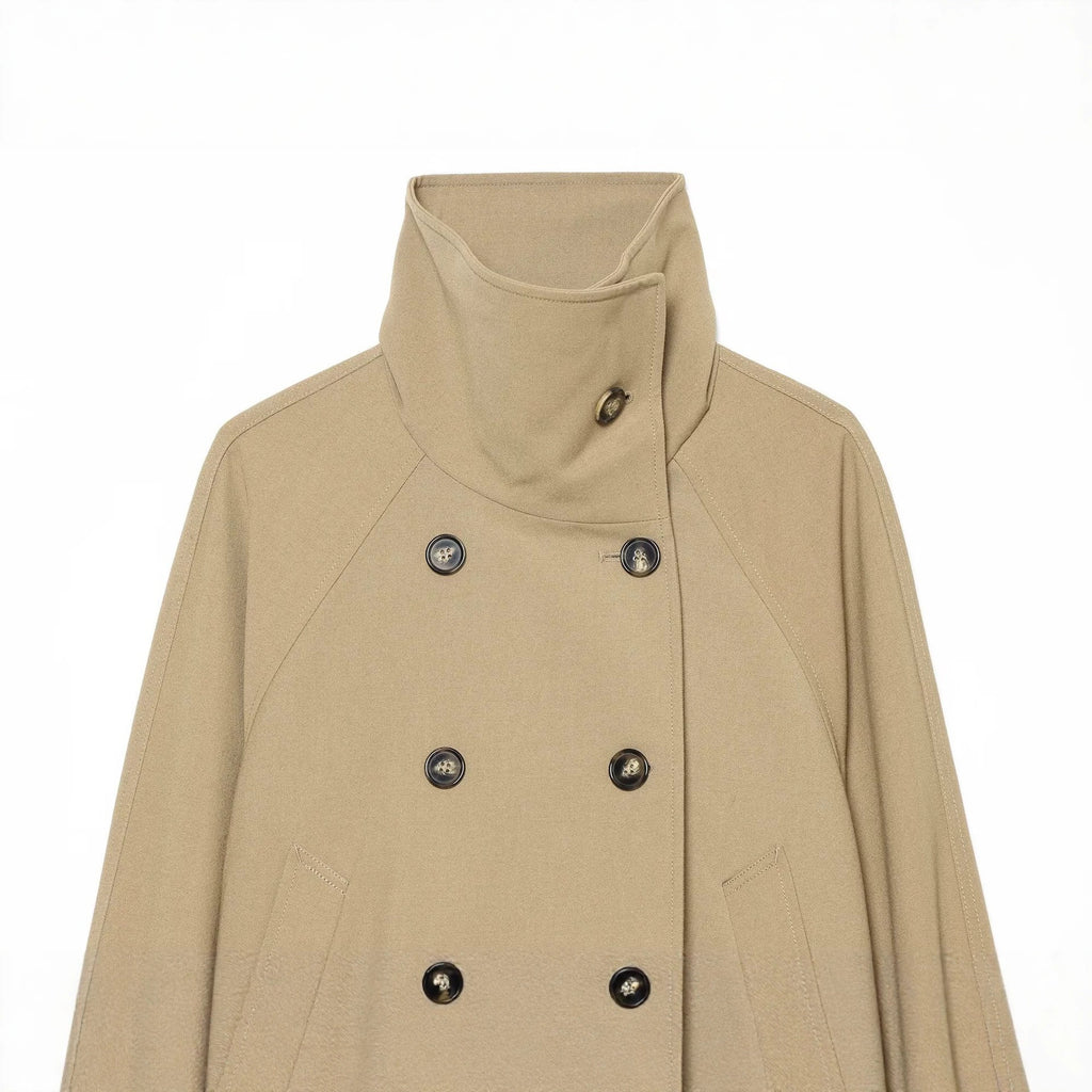 Loose double breasted drawstring tied high neck trench coat for women