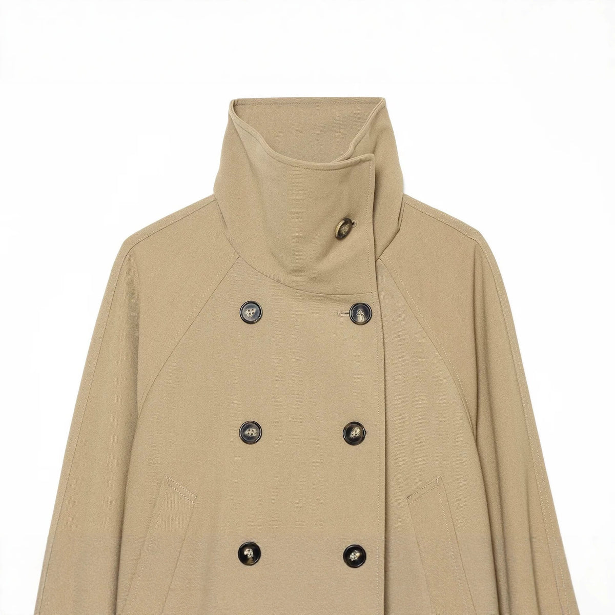 Loose double breasted drawstring tied high neck trench coat for women
